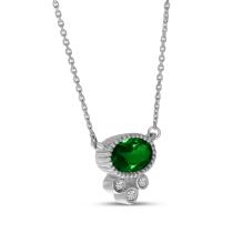 14K White Gold Emerald with Triple Diamond Oval Necklace