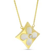 14K Yellow Gold Mother of Pearl with Diamond Floral Necklace