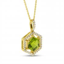 14K Yellow Gold Hexagon Peridot and Diamond Spaced Halo Semi Precious Pendant