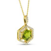 14K Yellow Gold Hexagon Peridot and Diamond  Spaced Halo Semi Precious Pendant