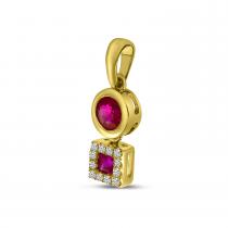 14K Yellow Gold Round and Princess Ruby with Diamond Pendant