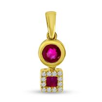 14K Yellow Gold Round and Princess Ruby with Diamond Pendant
