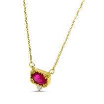 14K Yellow Gold Ruby and Diamond Precious Millgrain Necklace
