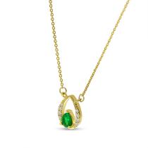 14K Yellow Gold Pear Emerald and Diamond Precious Millgrain Necklace