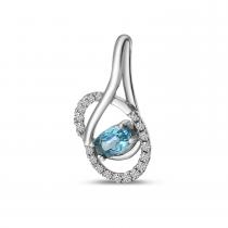 14K White Gold Oval Blue Topaz and Diamond Swirl Pendant