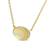 14K Yellow Gold Oval Opal and Diamond Necklace