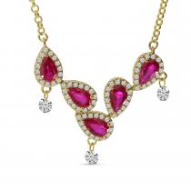 14K Yellow Gold Dashing Diamond Ruby and Diamond V Shape Pear Necklace