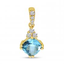 14K Yellow Gold Cushion Blue Topaz with Diamond Pendant
