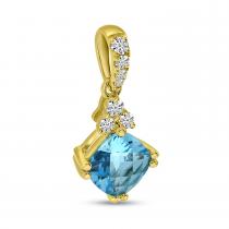 14K Yellow Gold Cushion Blue Topaz with Diamond Pendant