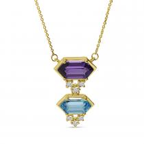 14K Yellow Gold Double Hexagon Amethyst and Blue Topaz with Diamond Semi Precious Necklace