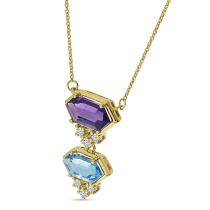 14K Yellow Gold Double Hexagon Amethyst and Blue Topaz with Diamond Semi Precious Necklace