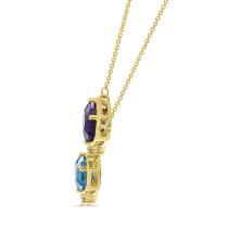 14K Yellow Gold Double Hexagon Amethyst and Blue Topaz with Diamond Semi Precious Necklace
