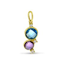 14K Yellow Gold Double Round Blue Topaz and Amethyst Bezel Set Pendant with Diamond