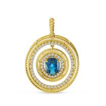 14K Yellow Gold Oval London Blue Topaz and Diamond Circle Pendant