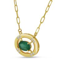 14K Yellow Gold Oval Emerald and Diamond Necklace
