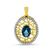 14K Yellow Gold Oval London Blue Topaz and Diamond Basketweave Pendant