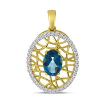 14K Yellow Gold Oval London Blue Topaz and Diamond Basketweave Pendant