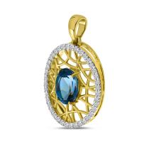 14K Yellow Gold Oval London Blue Topaz and Diamond Basketweave Pendant