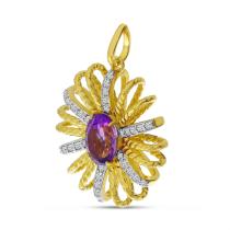 14K Yellow Gold Oval Amethyst and Diamond Burst Pendant