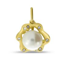 14K Yellow Gold Pearl with Diamond Floral Pendant