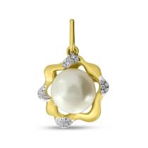 14K Yellow Gold Pearl with Diamond Floral Pendant