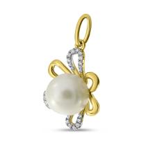 14K Yellow Gold Pearl with Diamond Floral Pendant