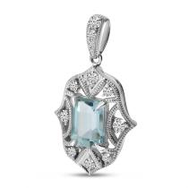 14K White Gold Emerald Cut Aquamarine and Diamond Art Deco Pendant