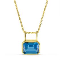 14K Yellow Gold Emerald Cut Blue Topaz Bezel Cable Chain Necklace