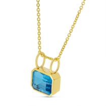 14K Yellow Gold Emerald Cut Blue Topaz Bezel Cable Chain Necklace