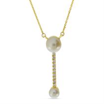 14K Yellow Gold Double Pearl Drop with Diamond Necklace
