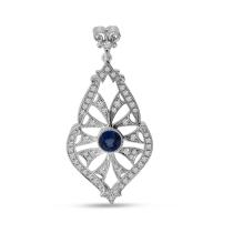 14K White Gold Round Sapphire and Diamond Art Deco Pendant
