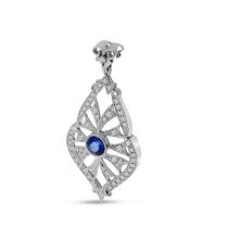 14K White Gold Round Sapphire and Diamond Art Deco Pendant