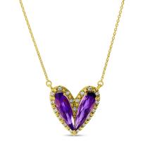 14K Yellow Gold Double Pear Amethyst Heart with Diamond Semi Precious Necklace