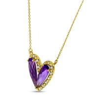 14K Yellow Gold Double Pear Amethyst Heart with Diamond Semi Precious Necklace