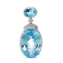 14K White Gold Large Oval Blue Topaz with Diamond Semi Precious Pendant
