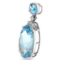 14K White Gold Large Oval Blue Topaz with Diamond Semi Precious Pendant