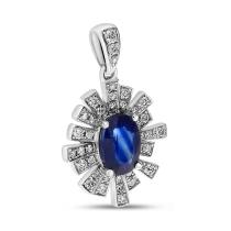 14K White Gold Oval Sapphire and Diamond Precious Burst Pendant