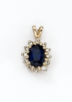 14k Yellow Gold Oval Sapphire Precious and Diamond Pendant