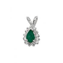 14K White Gold Pear Emerald and Diamond Pendant