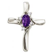 14K White Gold Oval Amethyst and Diamond Cross Pendant