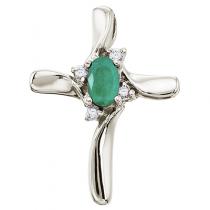 14K White Gold Oval Emerald and Diamond Cross Pendant