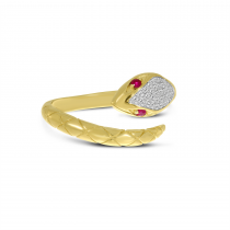 14K Yellow Gold Diamond Head Ruby Eyes Snake Ring