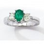 14K Yellow Gold Three Stone 7x5 Oval Emerald and .50 Ct Diamond Ring