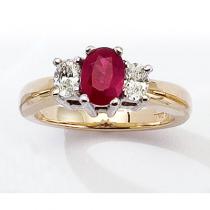 14K Yellow Gold Three Stone 7x5 Oval Ruby and .50 Ct Diamond Ring