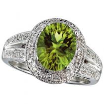 14K White Gold 10x8 Oval Peridot and Diamond Ring