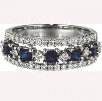 14K White Gold Square Sapphire and Diamond Precious Fashion Ring