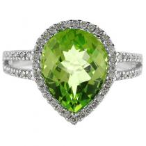 14K White Gold 11X8 mm Pear Peridot and Diamond Ring