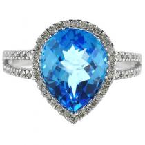 14K White Gold 11X8 mm Pear Blue Topaz and Diamond Ring