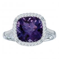 14K White Gold 7 mm Cushion Amethyst and Diamond Ring