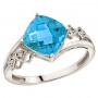 14K White Gold Cushion Blue Topaz and Diamond Ring